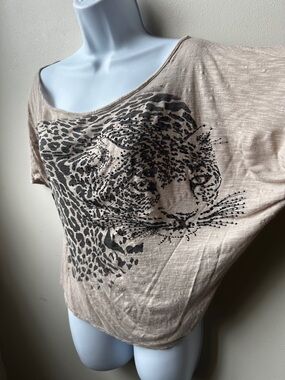 Metropark Y2K Leopard Graphic Batwing Top Beige Bedazzled Off Shoulder Tee L